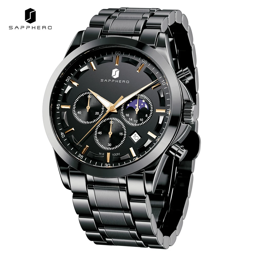 SAPPHERO Luxury Men's Watch Moon Phase Watch High Quality Multifunctional Chronograph Stainless Steel Men Waterproof Male Clock