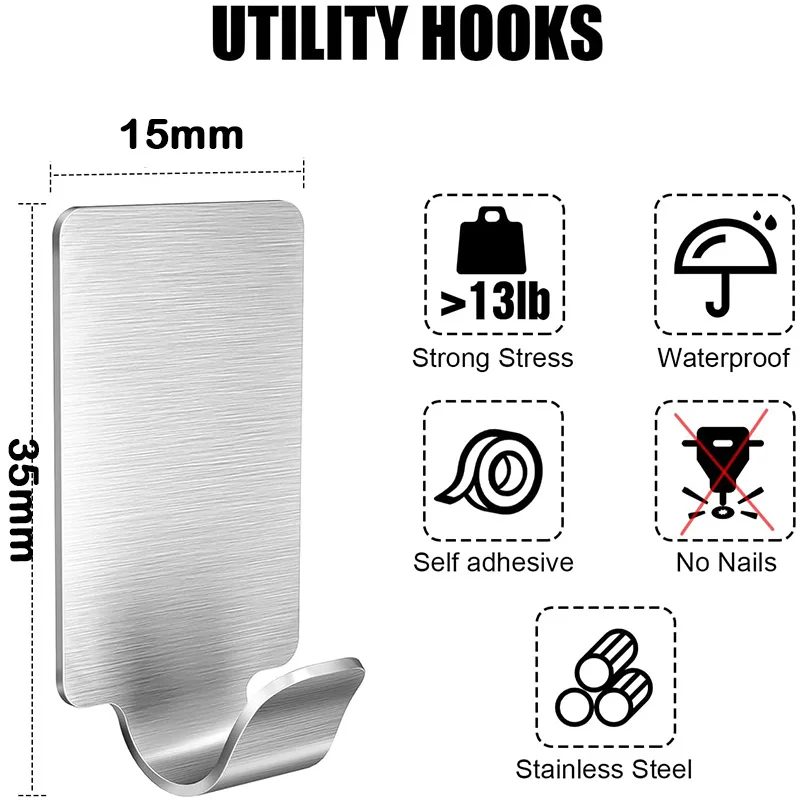Adhesive Wall Hooks 6/12pcs Stainless Steel for Towel Robe Hats Bag