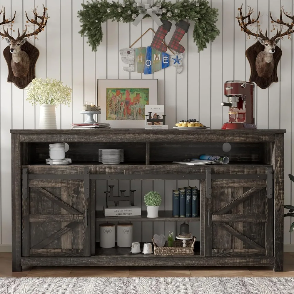 58" Farmhouse TV Stand with Fireplace, Sliding Barn Door Rustic Media Console with 2 Storage Shelves, Wood Television Stand 5