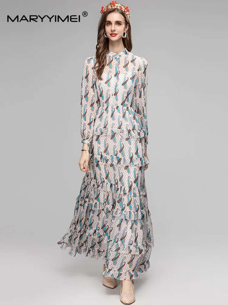 

MARYYIMEI, однобортное шифоновое платье с длинным рукавом и винтажным принтом, весна-осень, женские праздничные облегающие длинные платья с оборками