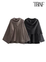 TRAF Women's Fashion Fall Winter Chic Scarf Jacket Long Sleeve Knitted Asymmetric Jacket Sexy Split Hem Loose Short Jacket 1