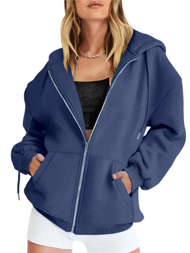 Autumn Fleece Hoodie Solid Hooded Korean Fashion Sweatshirts Long Sleeve Top Drawstring Pockets Loose Zipper Black Hoodies y2k 5