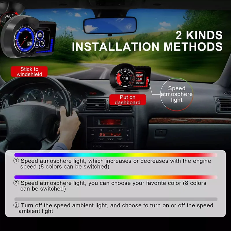 Obd gps 듀얼 시스템 rpm 게이지 속도계 milometer f15 자동차 헤드 업 디스플레이 hud 6 알람 기능 가속 테스트