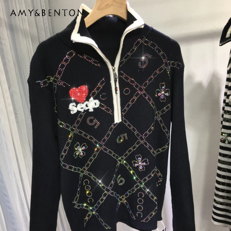 

Heavy Embroidery Diamond Drills Sweater Classic High Neck Thickened Knitwear Top Casual Autumn Winter Coat Slimming Jumper Women