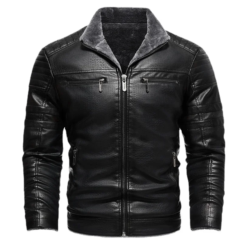 Winter Fleece Men's Leather Jacket Warm Vintage Solid Thicken Motorcycles Coat Autumn Male Windproof Jackets Outerwear