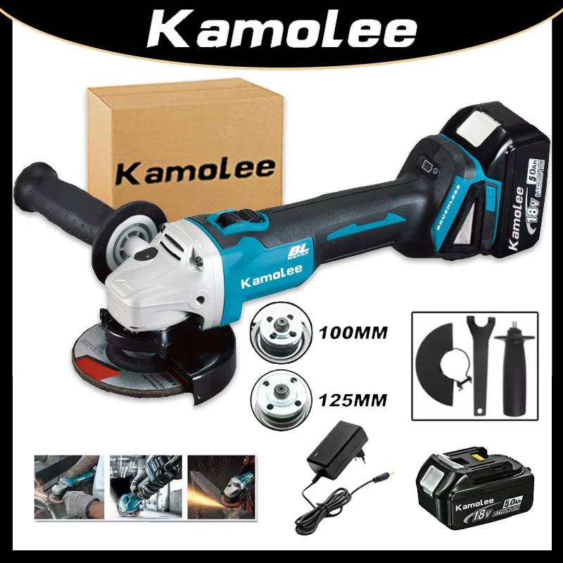 KAMOLEE Angle Grinder M14 125MM 100MM, Brushless Cordless 18500RPM 4 Speed Cutting Power Tools Compatible Apply 18V 21V Battery