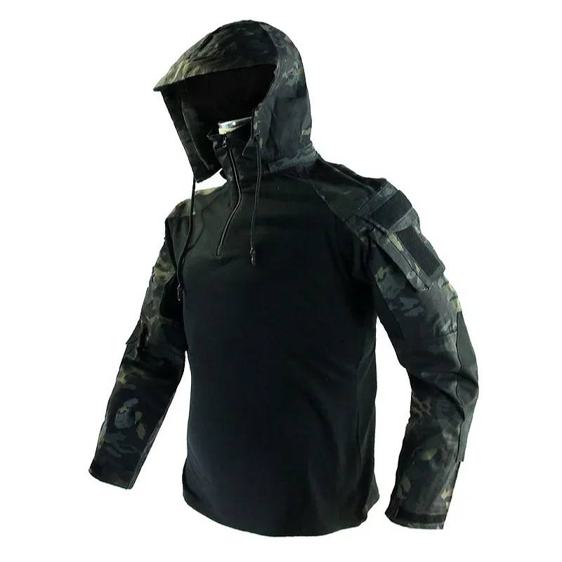 남성용 긴 소매 전투 셔츠 1/4 지퍼 립 스톱 후드 전술 셔츠 네이비 블루 Camoufalge Airsoft T 셔츠 낚시 탑