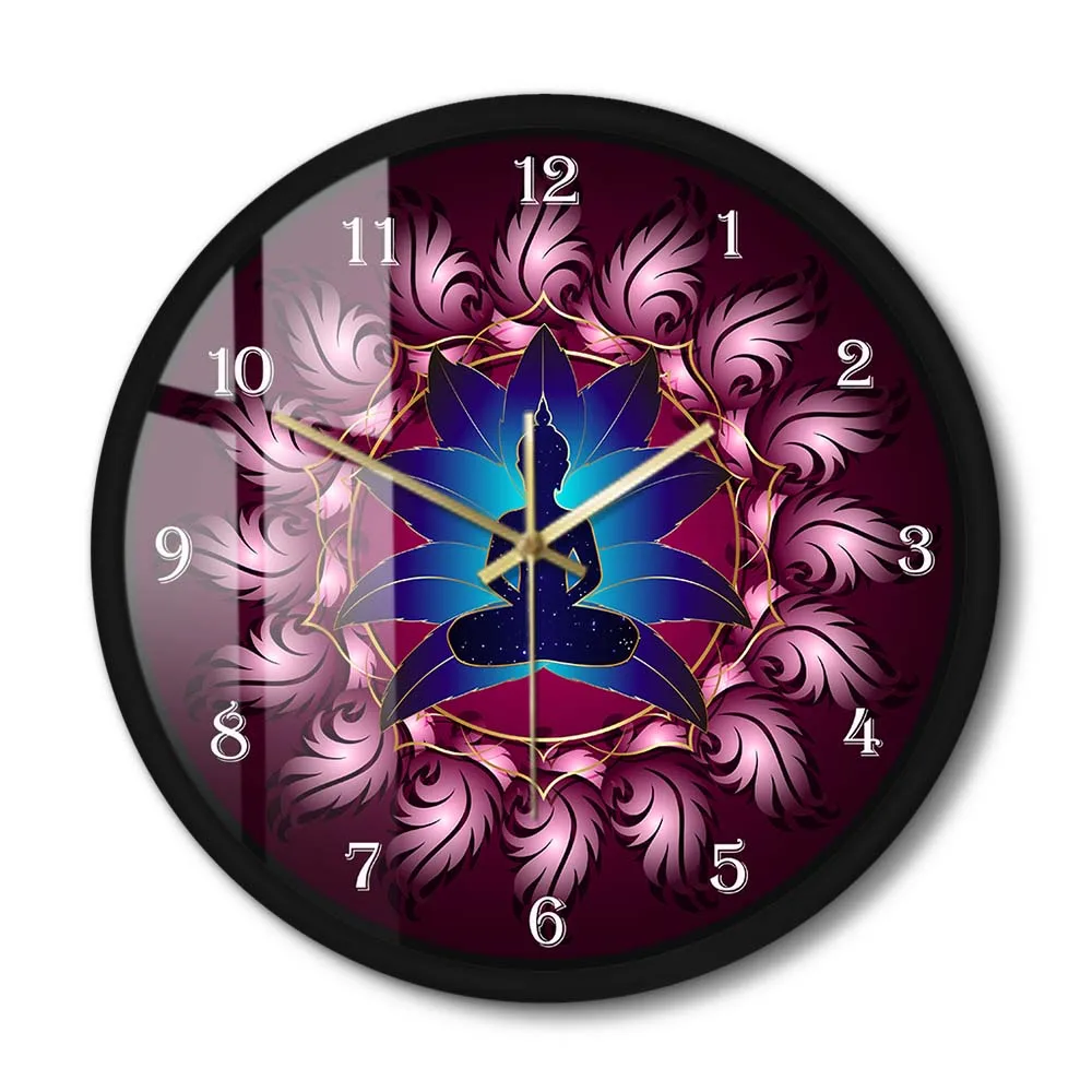 

Chakras Energy Healing Metal Frame Wall Clock Buddha In Lotus Mandala Flower Yoga Art Silent Wall Watch Buddhism For Living Room