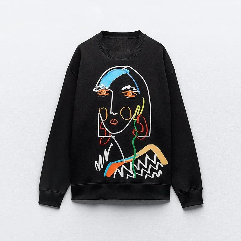 

O Neck Graphic Sweatshirts for Women Plush Autumn Winter Pullover Casual Long Sleeve Female Oversize Fashion Streetwear Top