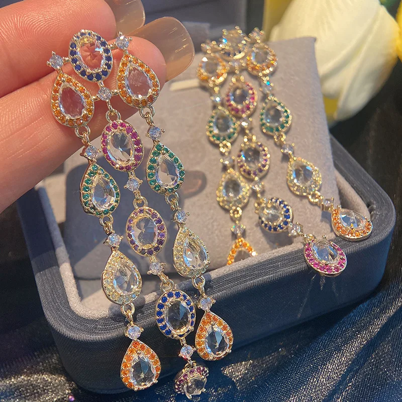 Bohemian jewelry inlaid with colorful zircon long style dinner tassel earrings 2023 stylish earrings 925 Silver Needle