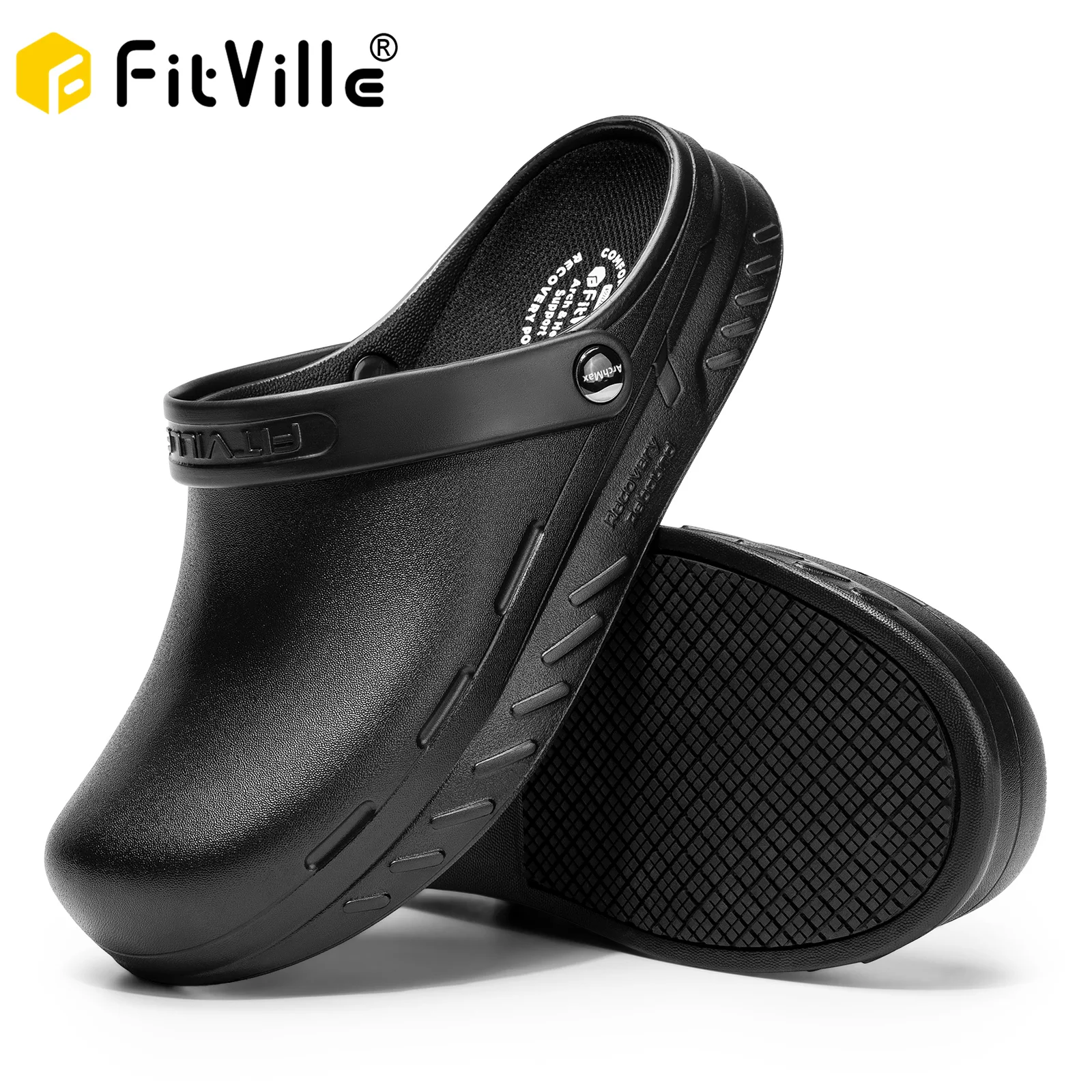 FitVille Men's Wide Fit Chef Shoes Slip Resistant Garden Work Sandals with Arch Support Waterproof for Food Service