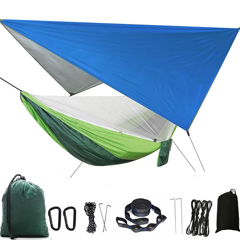 Camping Hammock Mosquito Net and Rain Fly Tarp Portable Tent Parachute Hammock with Tree Strap Indoor Outdoor Backpacking Travel 