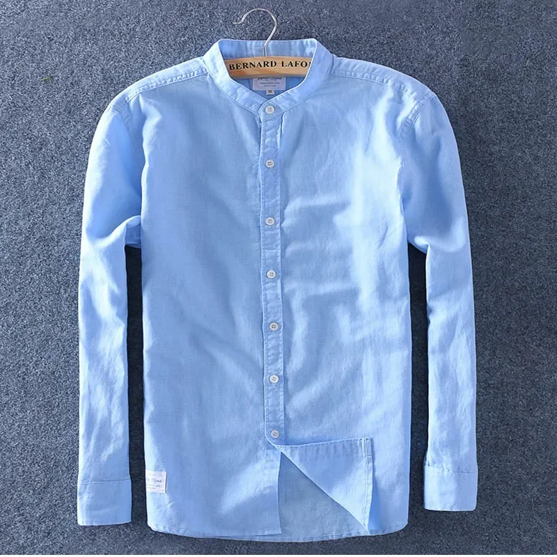 GaoLeAve Men's Summer Cotton Linen Shirt - Japanese Loose Fit Stand Collar, 3/4 Sleeve Casual Shirt