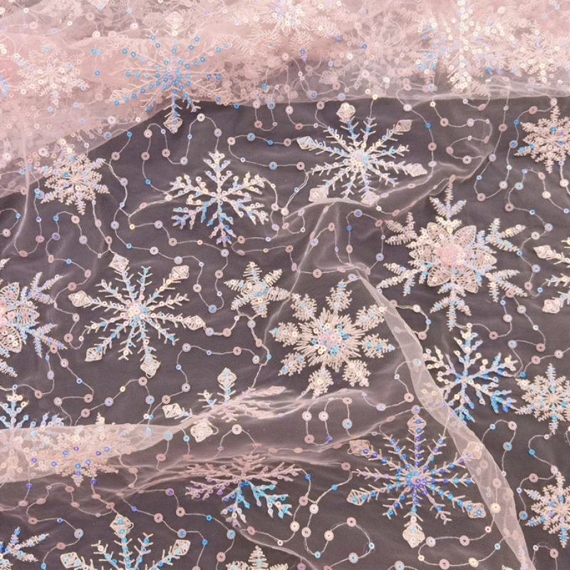 Tessuto tulle - Blu ghiaccio multicolor - Fiocchi di neve glitter argento - Tessuti fai da te