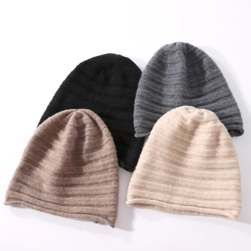 100%Pure Wool Beanies for Women Winter 2023 Stripe Solid Warm Soft Cashmere Beanie Bonnets y2k Knitted Skullies Cute Hats Caps 5