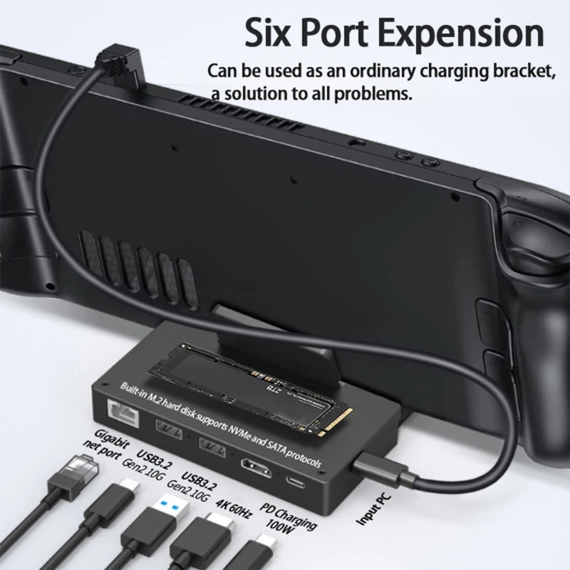 6 in 1 Docking Station PD100W for Steam Deck Support NVME+NGFF ProtocolsM.2 Solid-state Hard Disk SSD Dock Base