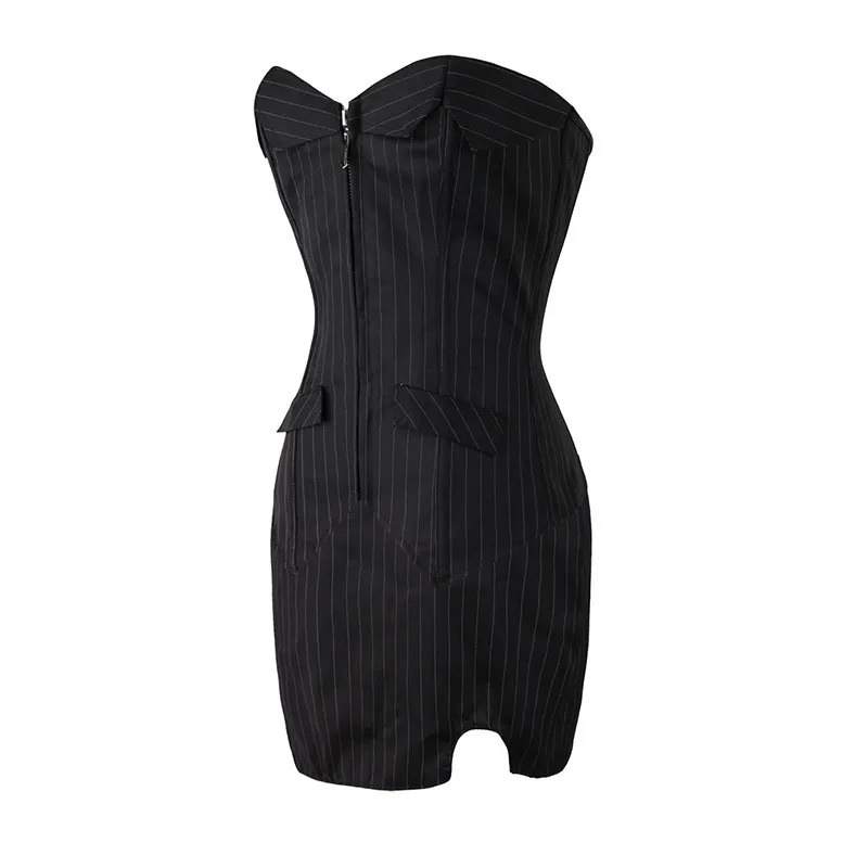 Sexy Two Piece Set Overbust Corset Plus Size Corsets and Bustiers Tops With Mini Skirt Striped Office Women Dress Sets