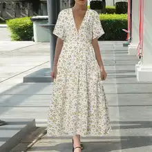 

European and American Foreign Trade Large Size Women's Small FloralvCollar Chiffon Loose Mid-Length Short Sleeve DressDRESSM-4XL