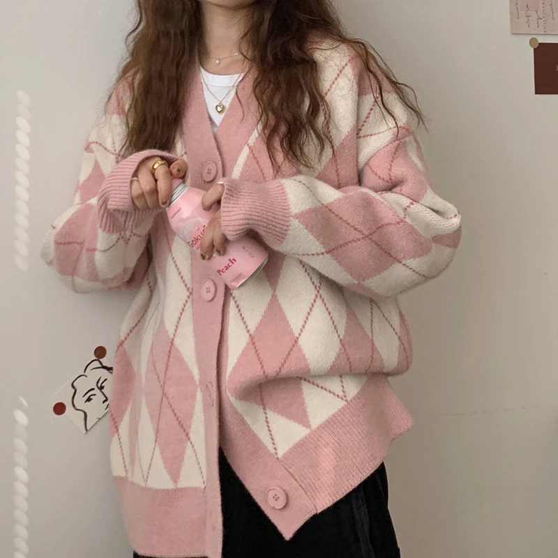 

Y2k Long Sleeve Pink Cardigan for Girls Vintage Loose Argyle Pattern Sweater Women Korean Fashion Single Breasted Knitwear Tops