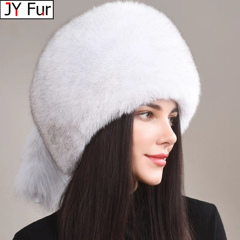 

Winter women's hat Real Fox Fur Hats Headgear Russian Girls Raccoon Fur Beanies Cap 2024 New Fashion earflap Hat