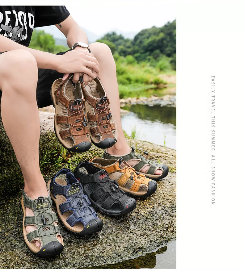 Sandales en cuir véritable pour hommes, chaussures d'été à la mode pour l'extérieur et la plage, grande taille 38-47, 2022