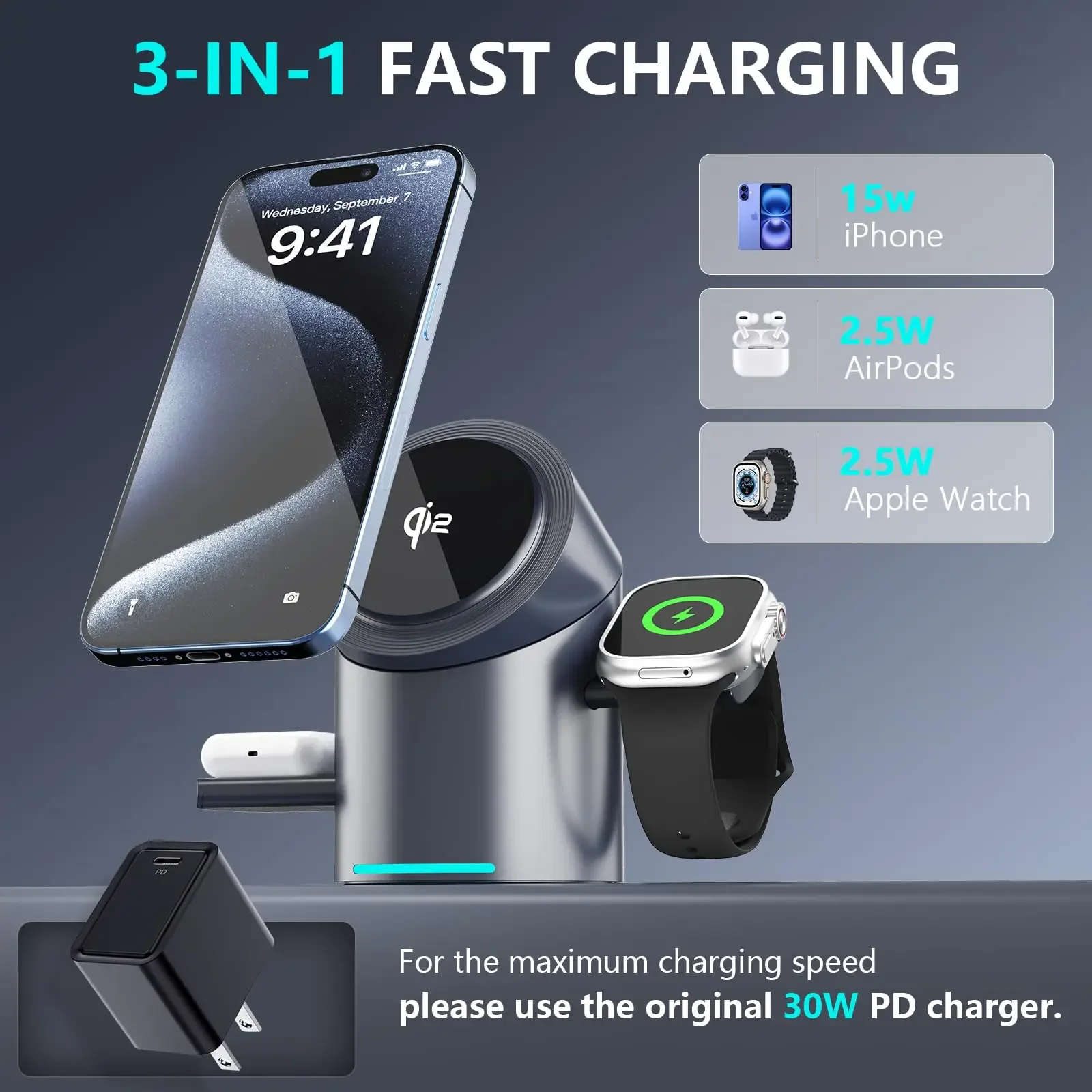 Wireless Charger Qi2 3 in 1 Magnetic Auto Rotation Metal Body for IPhone 16 15 14 13 12 & Apple Watch&Airpods