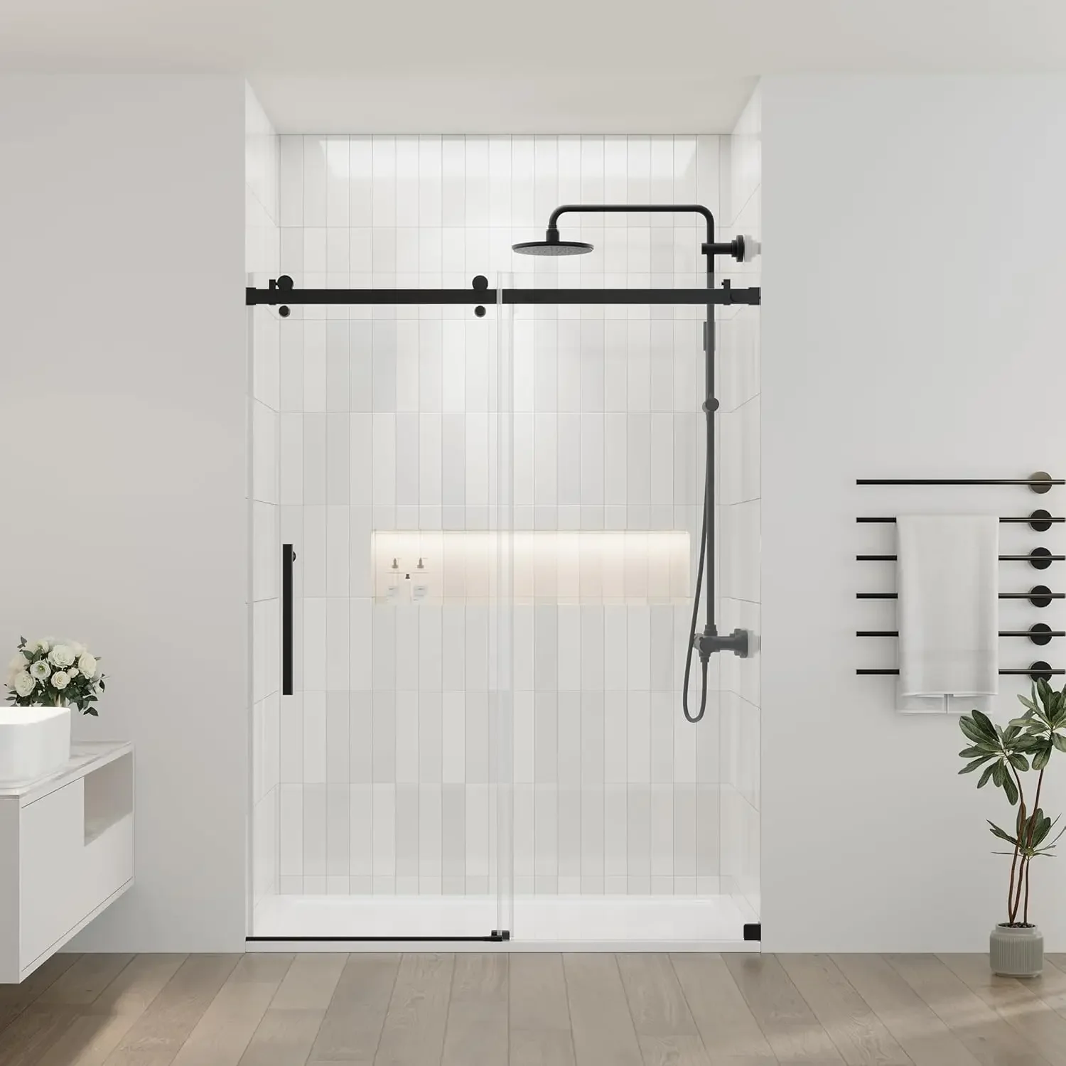 56-60.in W x 72.in H Frameless Shower Door, Water Repellent Black Shower Door Clear Tempered Glass, Easy Sliding Showe Door 2