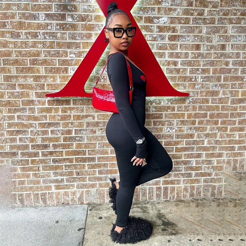 Women Bodysuit Jumpsuits 2023 Heart Embroidery Deep V Neck Long Sleeve Bodycon Playsuit One Piece Lady Overalls Skinny
