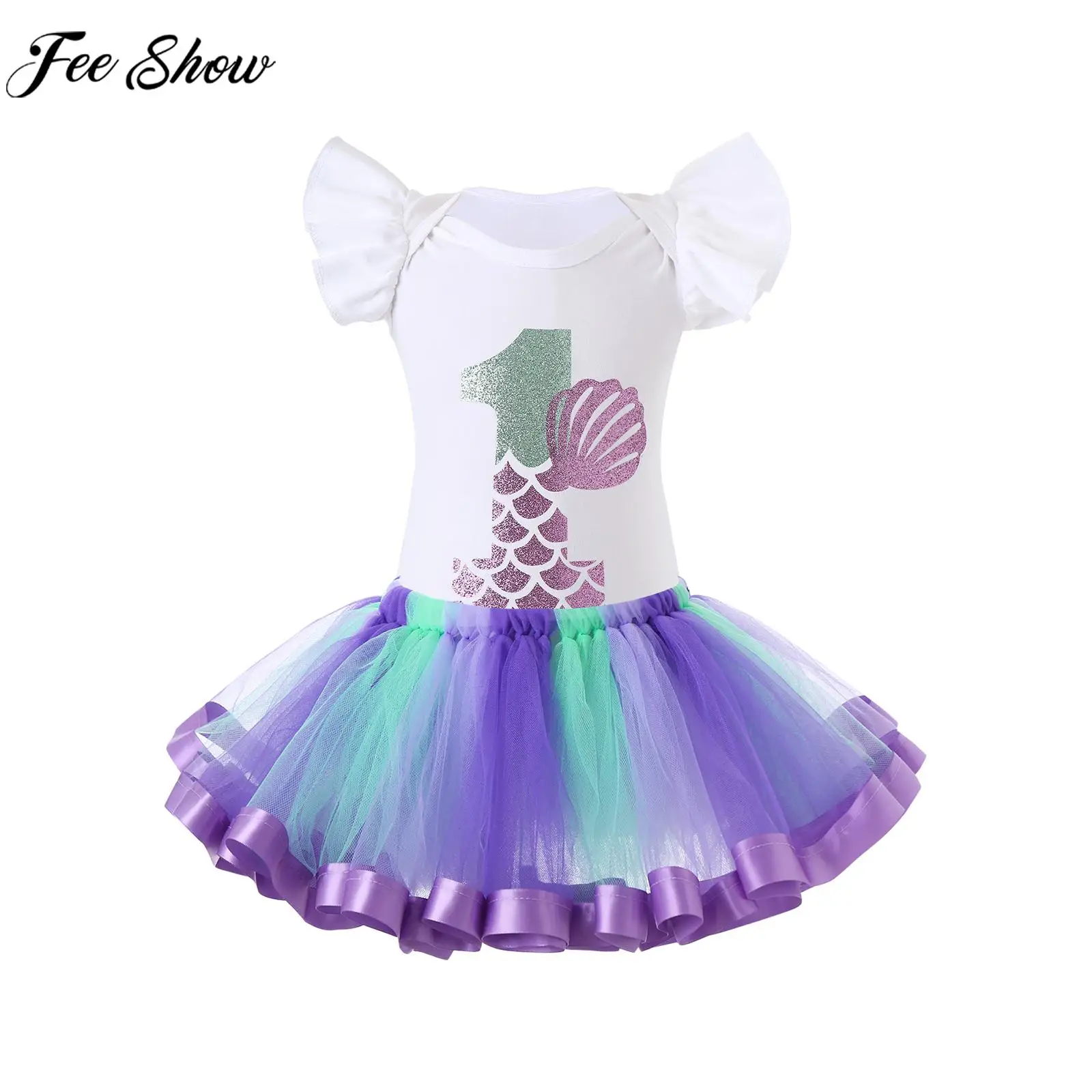 

3-24M Baby Girls Mermaid Princess Tutu 1st Birthday Party Outfit Flutter Sleeve Print Rompers with Tulle Tutu Skirt Daily Wear