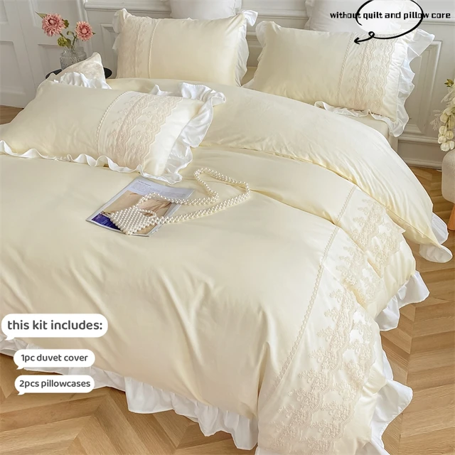 Ensemble de literie en dentelle de style princesse, housse de couette avec taies, roi et double, beige, 3 pièces 6