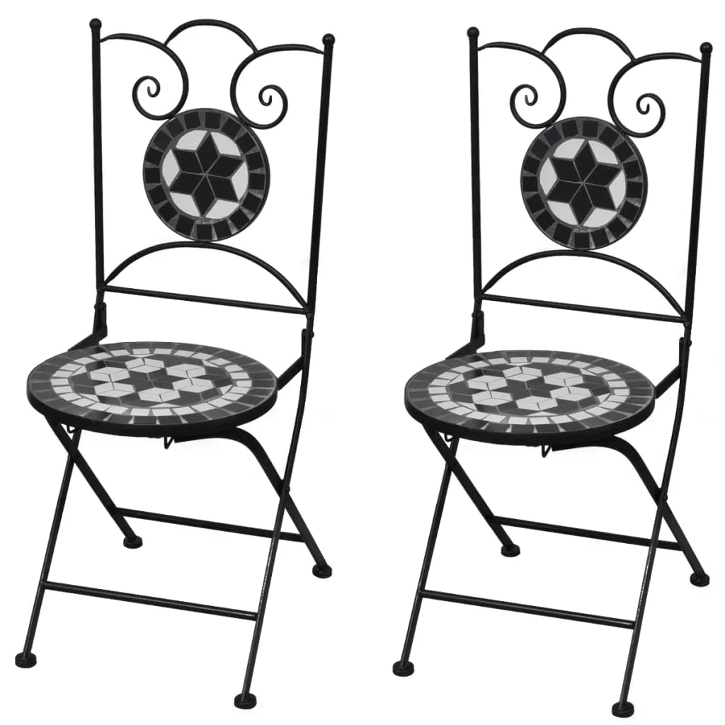 Outdoor Patio Folding Bistro Chairs Deck Porch Outside Furniture Set Balcony Lounge 2 pcs Ceramic Black and White