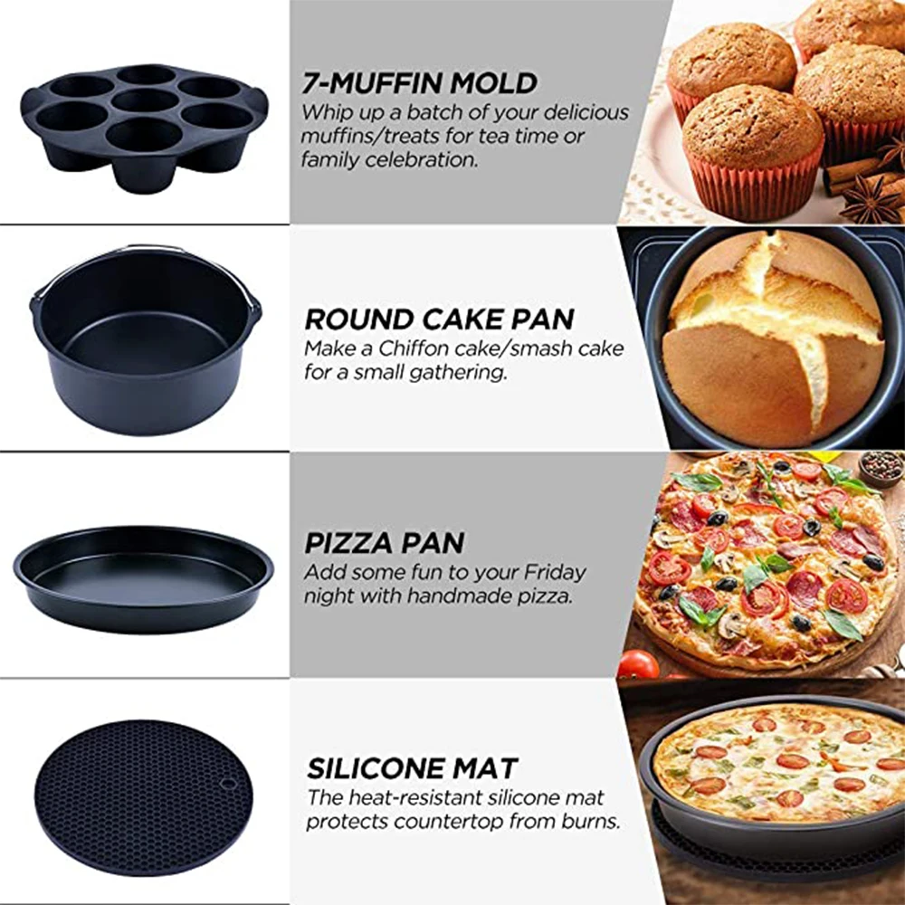 7 Inch/8 Inch Air Fryer Accessories Set Food-grade Airfryer Accessories with Cake Basket Pizza Pan Stainless Steel Skewer Rack 6
