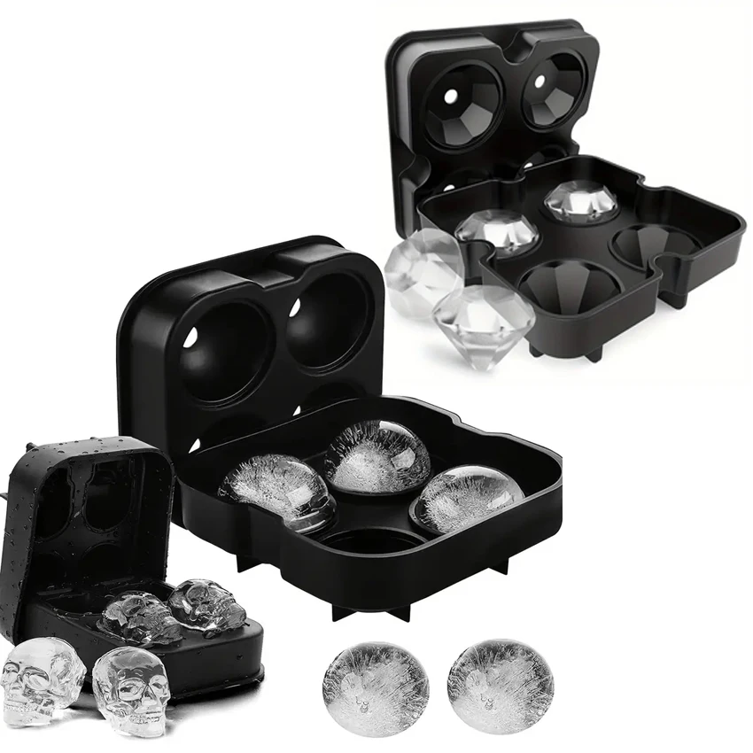 Silicone Ice Cube Mold Tray With Lid Diamond Skull Ball Shape Ice Maker Easy Release For Whisky Cocktail Kitchen Accessorie