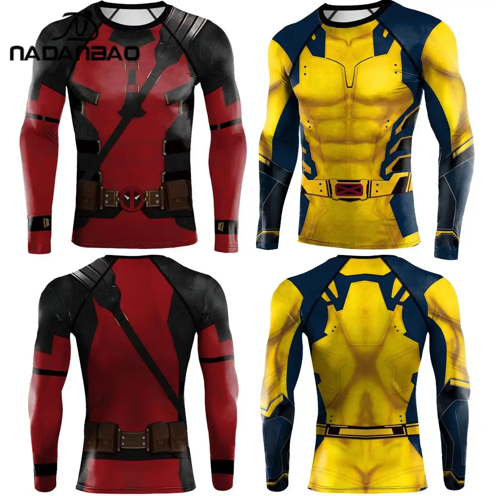 NADANBAO Summer Men Breathable Rash Guard Moive Deadpool Wolverine Printed Men's Athletic Compression Shirts Workout Gym Tops