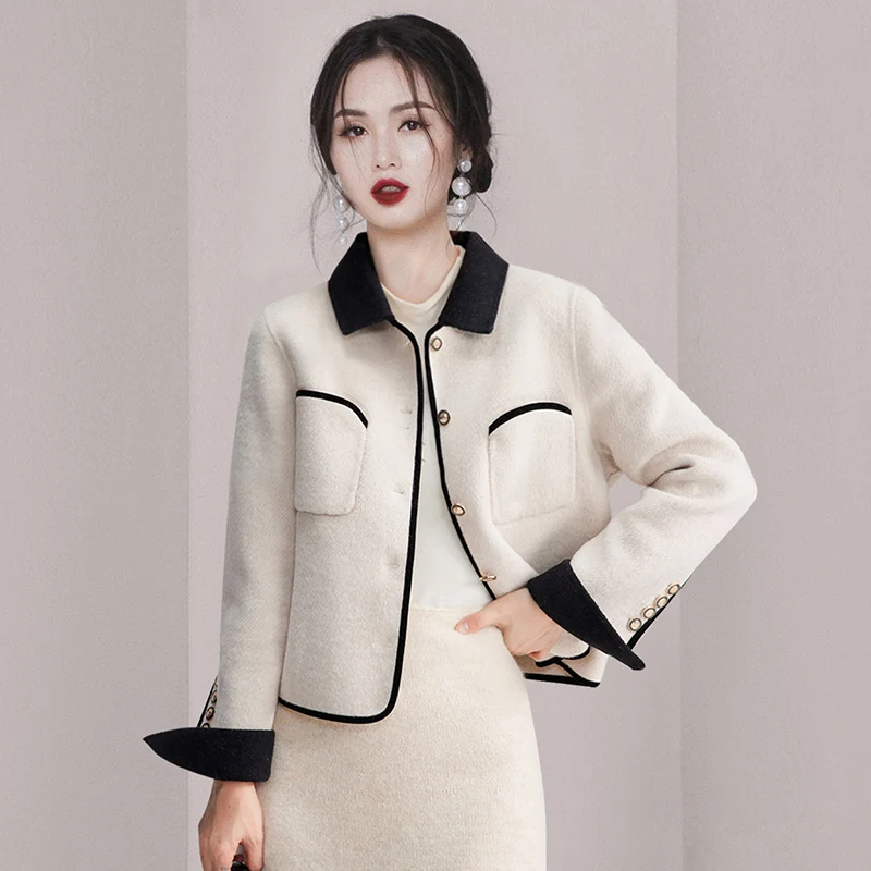 2023 가을과 겨울 새로운 우아한 양면 더플 코트 여성 짧은 작은 황금 버튼 작은 모직 재킷