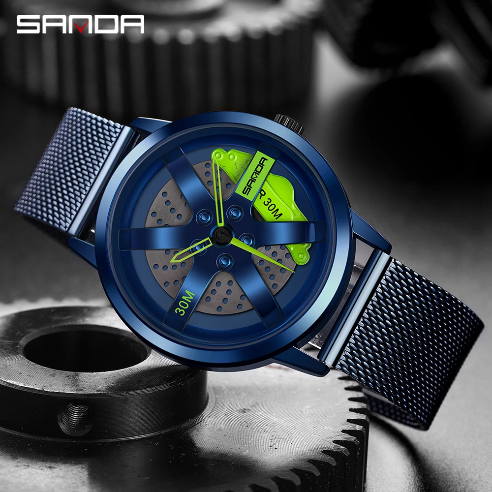 

Men Fashion Hot Sell Car Rim Wristwatch 3D Wheel Rim Dial Watches Steel Mesh belt Waterproof Sport Quartz Wristwatch Relogio