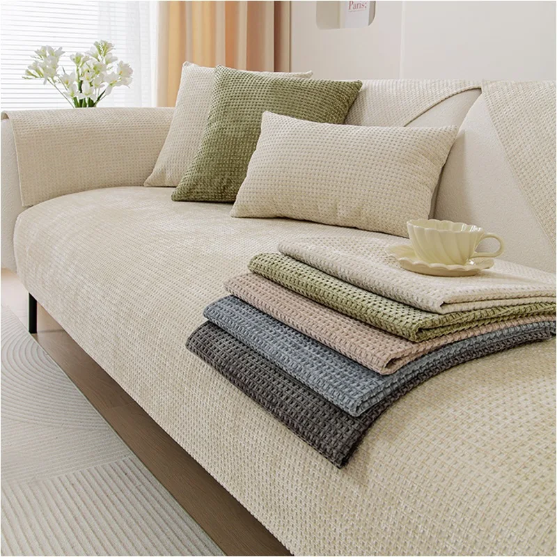 

Chenille Four Seasons Universal Sofa Cover Sofa Pad Solid Color Plaid Sofa Mat for Living Room Non-Slip L Shaped Couch Cushion