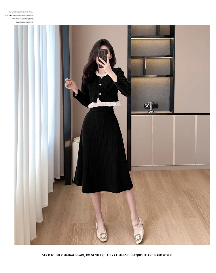 Autumn Winter Corduroy Two-piece Skirt Set Women Long Sleeve Ruffles O-neck Top Solid Midi Skirt Korean Fashion Outfits New