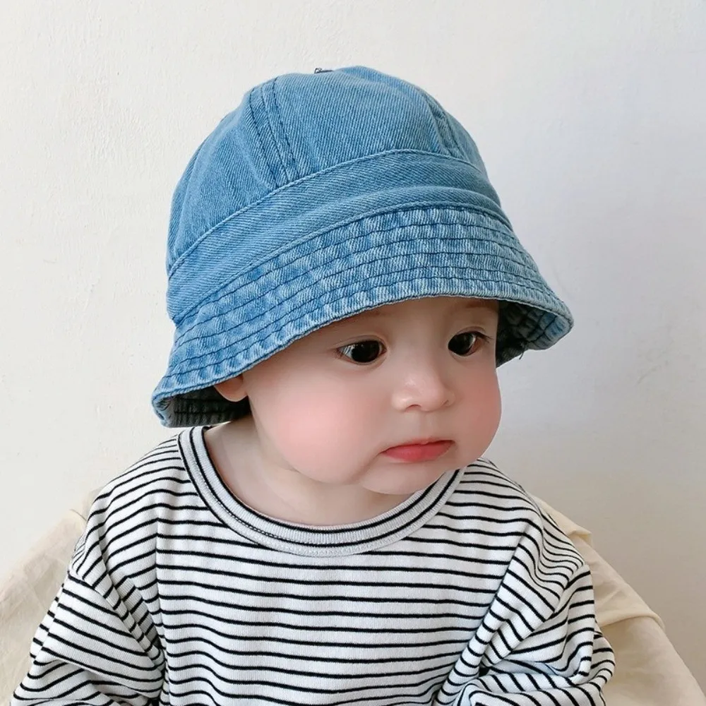 Cloth Washed Denim Bucket Hat Solid Color Windproof Baby Sun Hat Korean Style sun protection Children Fisherman Cap