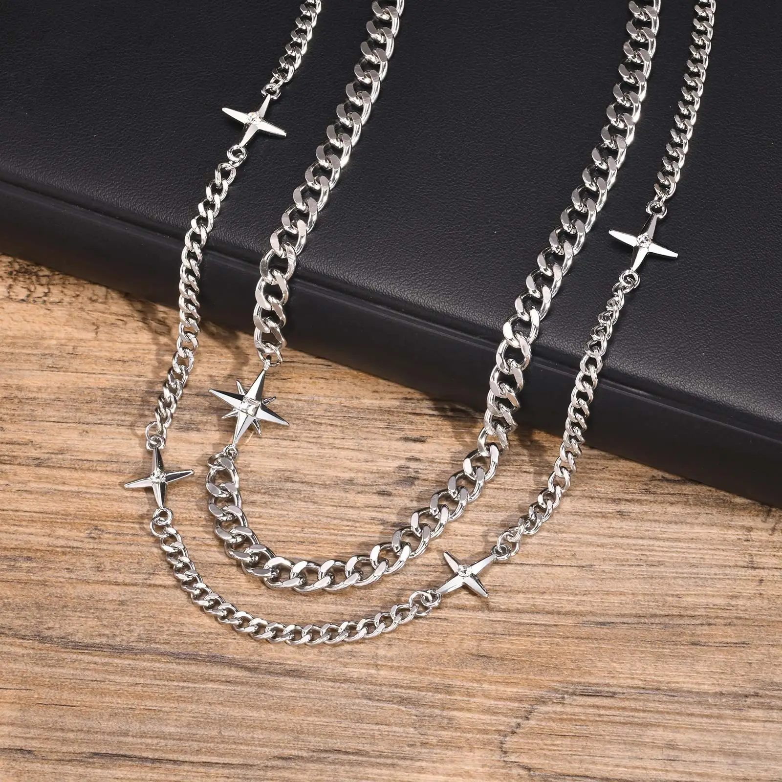 Mprainbow 2pcs/set Cuban Chain Neckalces for Men Women,7mm/4.45mm Chains Splicing Four Pointed Star Collar,Stylish Jewelry Gift