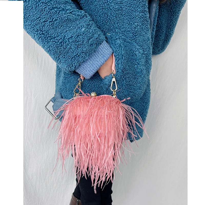 Ostrich Feather Heart Shaped Party Clutch Evening Bag for Women Luxury Banquet Bag Female Purses and Handbags Chain Shoulder Bag