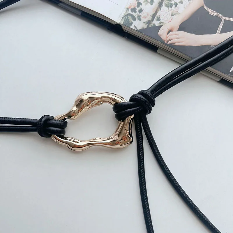 Elegant Women's Leather Rope Knotted Belt with Metal Buckle - Stylish Skinny Waistband Accessory
