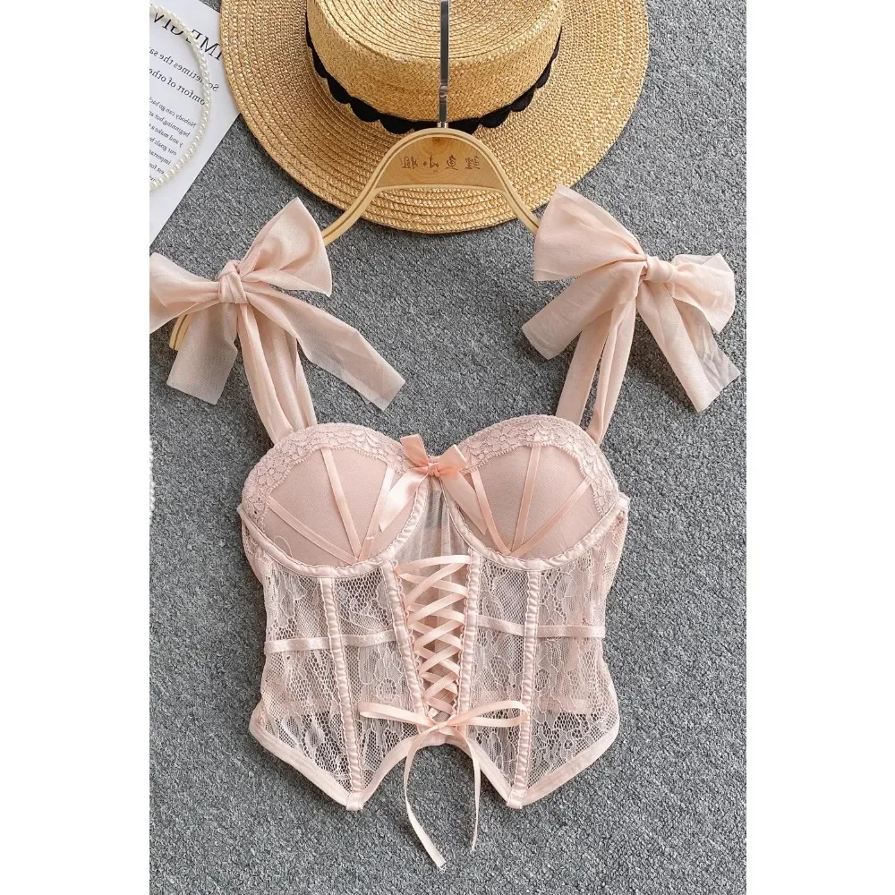 Spaghetti Strap Tank Top for Women Strapless Build in Bra Lace Patchwrok Tulle Bow Camis Summer Casual Female Camisoles women camisole tops