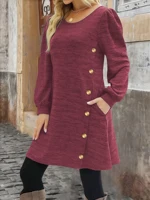Elegant Plus Size Women's Dress Autumn Winter, Round Neck Long Sleeve Button Pocket Fashion Dress - Image 2