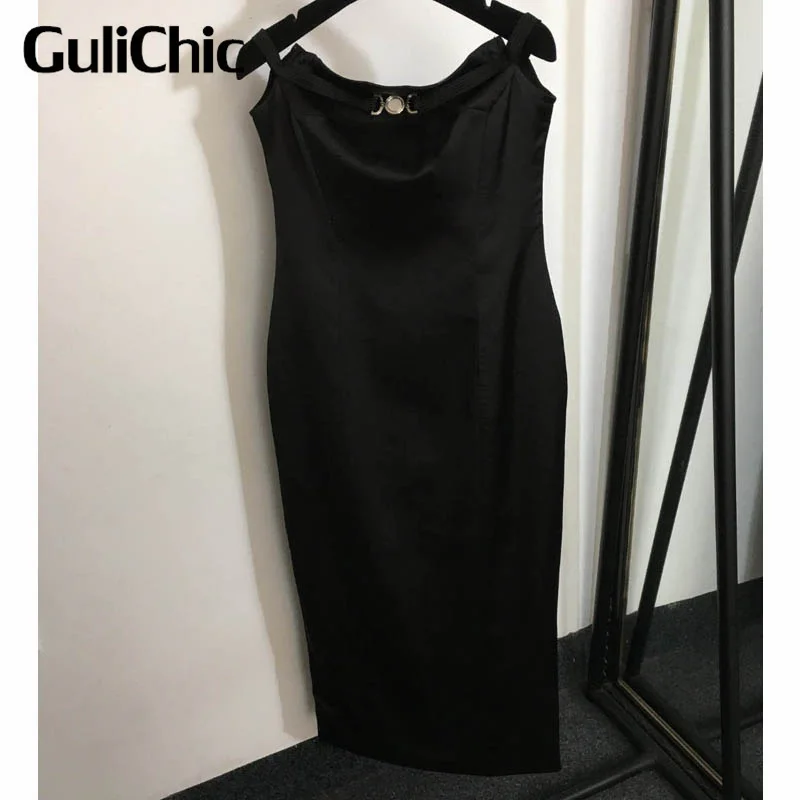 

11.12 GuliChic Women Fashion Metal Button Decoration Slash Neck Strapless Collect Waist Slim Back Split Package Hip Dress