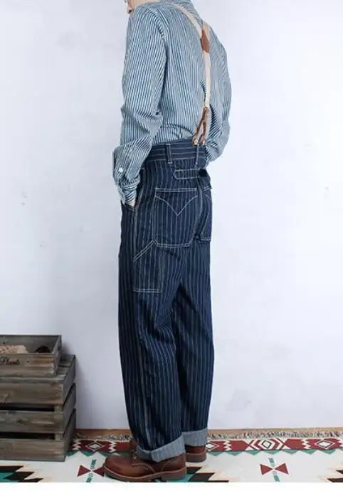 Men Striped Jeans Loose Railway Work Overalls Pants Strap Denim Pants Wide Leg Stripe Pants 5
