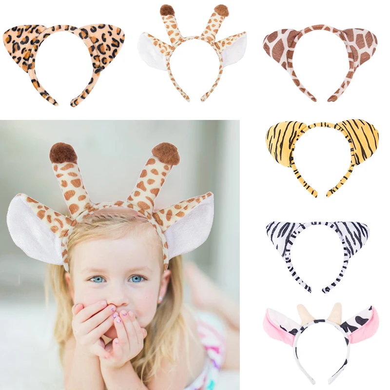 Animals Horn Ears Headband Giraffe Zebra Tiger monkey Hair Hoop Cosplay Costume Hair Band Jungle Safari Birthday Party Supplies