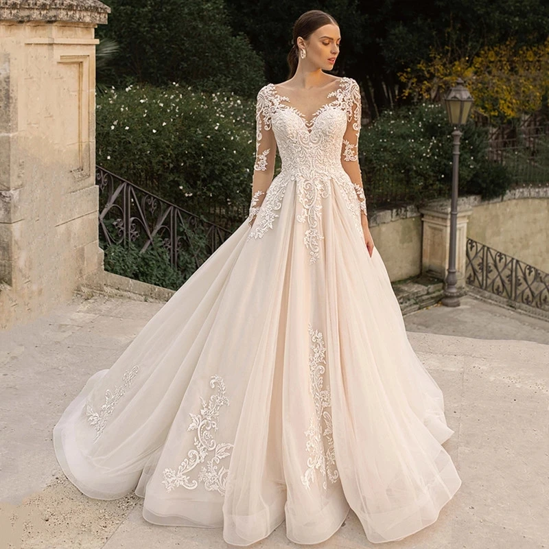 

Elegant Pricess Long Sleeves Ball Gown Wedding Dress 2022 Bridal Gown Lace Tulle Wedding Gown Button Pleat Robe De Mariée