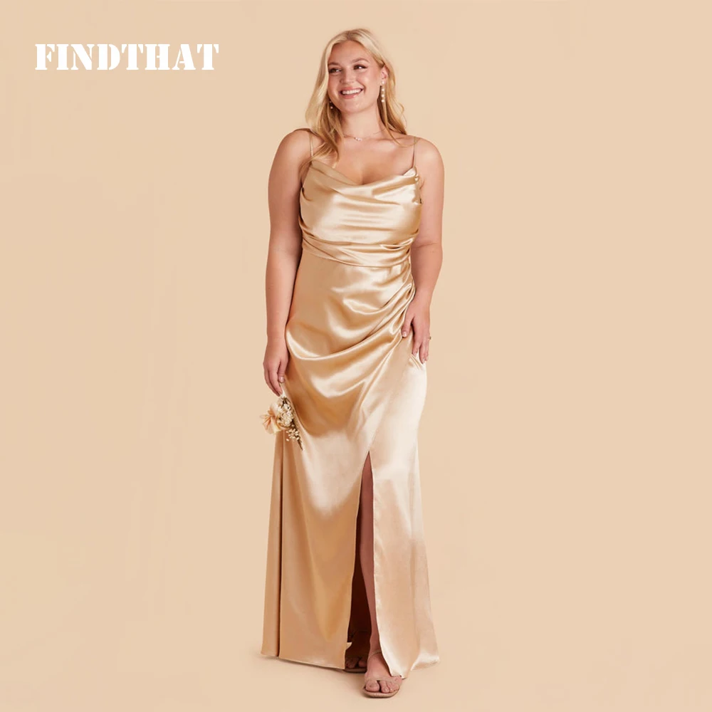 

Findthat Bridesmaids Dress for Women Spaghetti-Straps Ruched Neck Satin Mermaid Side Slit Elegant Champagne Evening Party Gowns