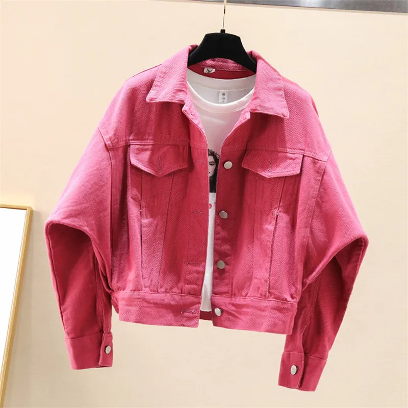 

Korean Fashion Green Rose Red Beige Denim Jacket Women Slim Short Cowboy Outerwear Pocket Long Sleeve Jeans Jacket Coat Female